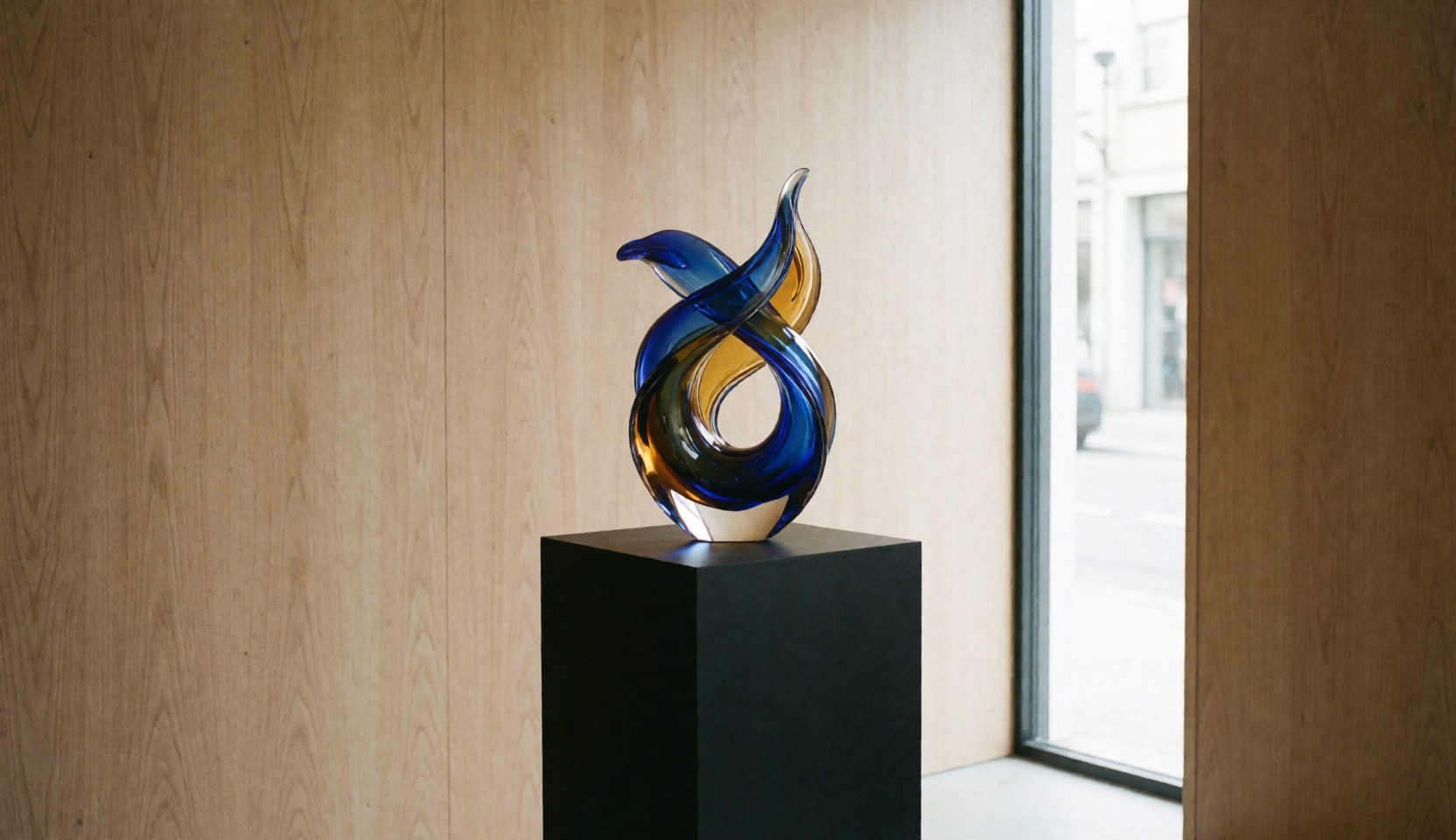 Sculpture en verre abstrait aux rubans bleus et jaunes posée sur un piédestal noir dans une pièce aux murs en bois et à la lumière naturelle, atelier de verrerie.