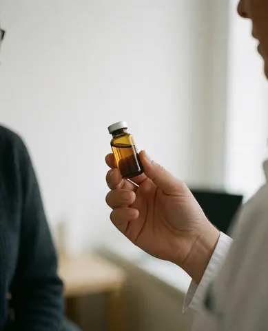 Professionnel de l'homéopathie remet un flacon de gouttes ambrées à un client lors d'une consultation sur fond blanc.
