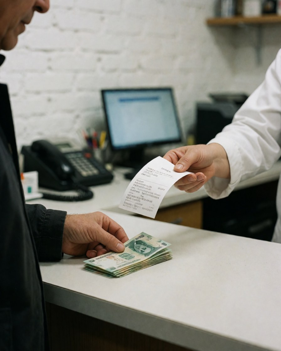 Une main tendue reçoit un reçu et des billets de banque lors d'un paiement en espèces dans un bureau.