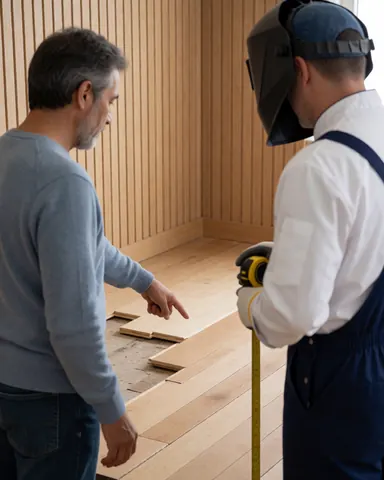 Une cliente pointe du doigt une réparation de sol en bois tandis qu'un installateur tient une mètre ruban dans une pièce avec des murs à lambris.