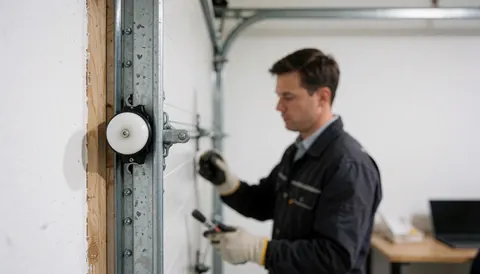 Un installateur en uniforme ajuste un galet blanc sur une glissière métallique verticale à l'intérieur d'un garage aux murs blancs.