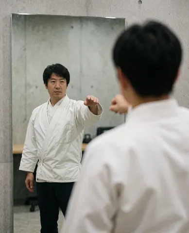 Instructeur enseignant une technique à un étudiant dans un gymnase avec un miroir, un mur en béton et un gi blanc.