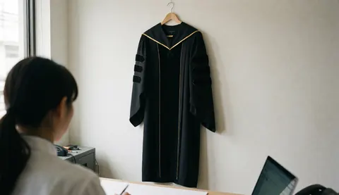 Une robe de graduation noire à bordure dorée est suspendue sur un mur blanc. Une personne de dos travaille sur un ordinateur portable à un bureau en bois.