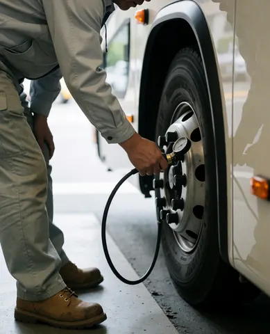 Un technicien d'autocar touristique utilise un manomètre pour vérifier la pression des pneus dans un atelier propre et bien éclairé.