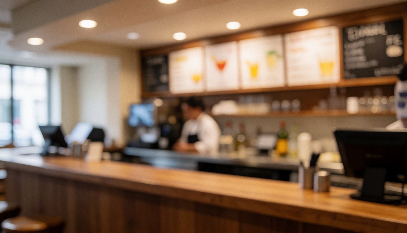 Barre en bois avec boissons floues en arrière-plan, éclairage chaleureux, ambiance professionnelle, idéal pour texte sur tango