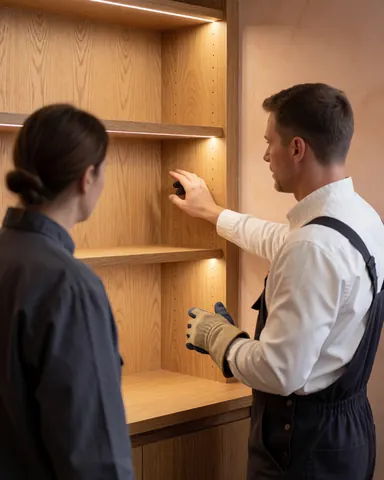 Un menuisier montre une étagère sur mesure avec des lumières LED à une cliente dans un atelier aux murs en stuc terracotta clair.