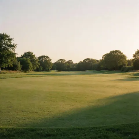 Terrain de golf vide avec une pelouse impeccable et des arbres en arrière-plan, baigné par la lumière dorée du coucher de soleil, idéal pour promouvoir un club de golf exclusif.