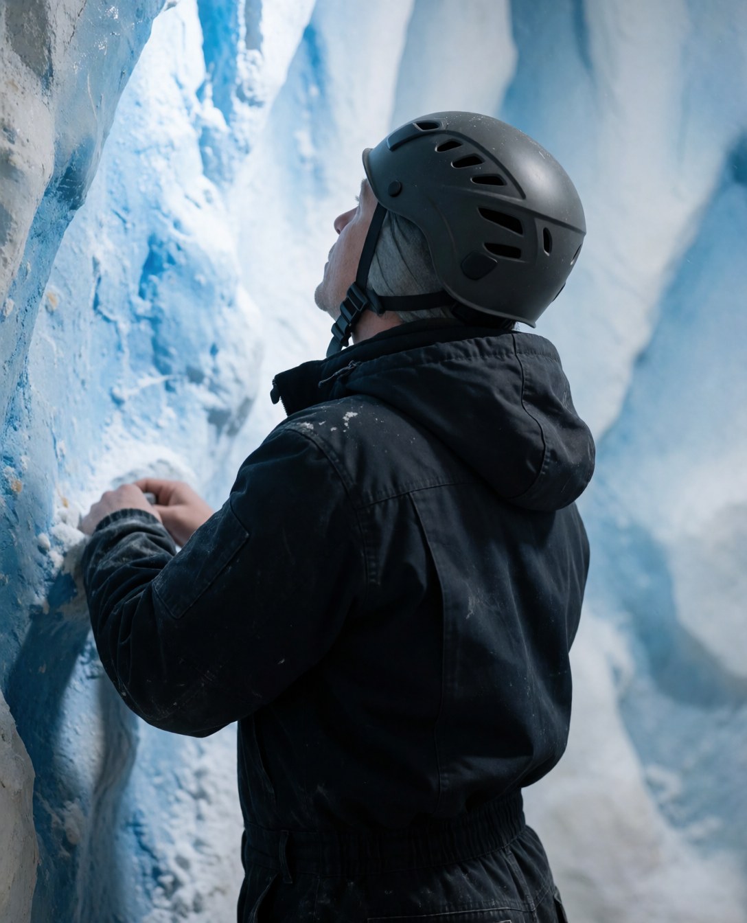 Alpiniste portant un casque noir et une veste sombre évaluant un mur de glace bleu et blanc dans une salle d'escalade.