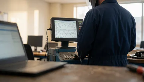 Technicien en réparation de télévision portant un uniforme bleu foncé observe des ondes sur un écran de diagnostic dans un atelier éclairé de manière chaleureuse avec du matériel professionnel.