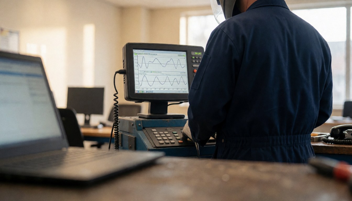 Technicien en réparation de télévision portant un uniforme bleu foncé observe des ondes sur un écran de diagnostic dans un atelier éclairé de manière chaleureuse avec du matériel professionnel.