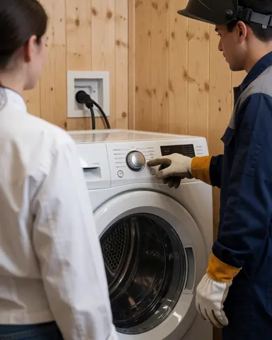 Un technicien en gants examine le panneau d'un sèche-linge blanc pendant qu'un client observe, sur fond de mur en bois.