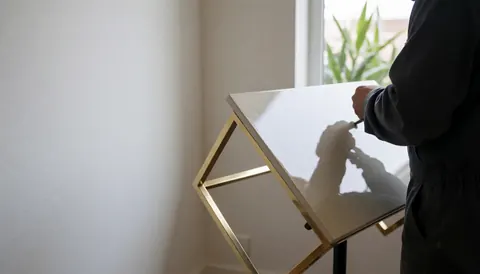Personne travaillant sur la restauration d'un meuble au fini brillant et à la structure en bronze, devant un mur blanc éclairé par la lumière naturelle.