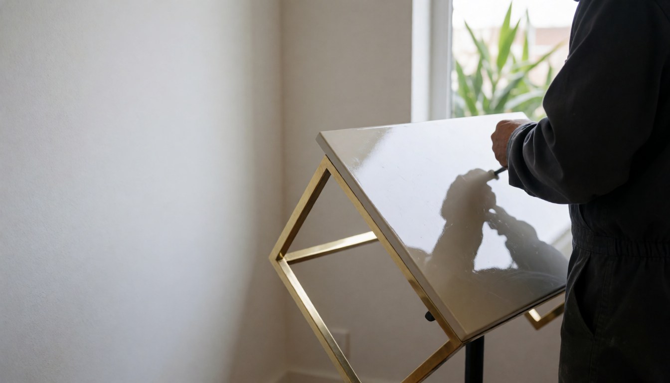 Personne travaillant sur la restauration d'un meuble au fini brillant et à la structure en bronze, devant un mur blanc éclairé par la lumière naturelle.