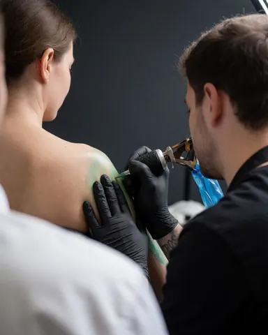 Tatoueur portant des gants noirs utilise une machine pour tatouer le dos d'un client. Le fond comprend des murs gris et du papier vert, illustrant un service professionnel en cours.