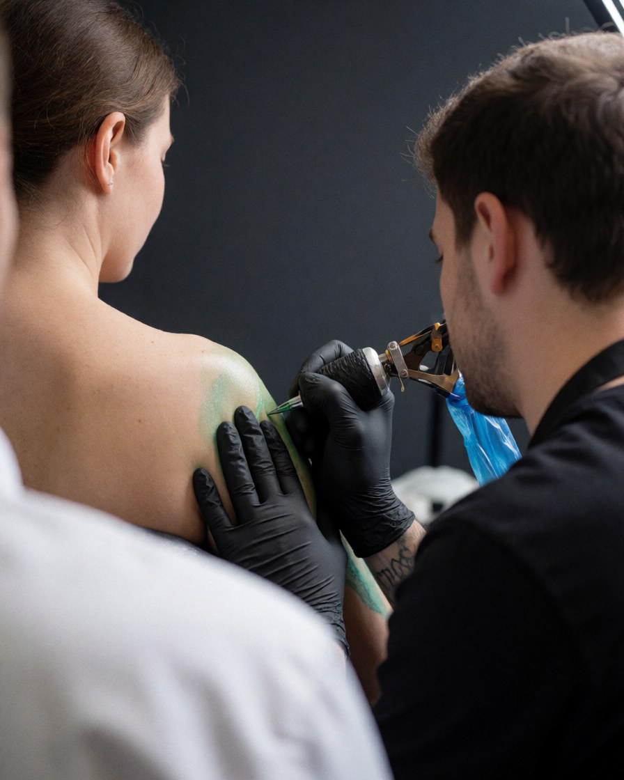Tatoueur portant des gants noirs utilise une machine pour tatouer le dos d'un client. Le fond comprend des murs gris et du papier vert, illustrant un service professionnel en cours.