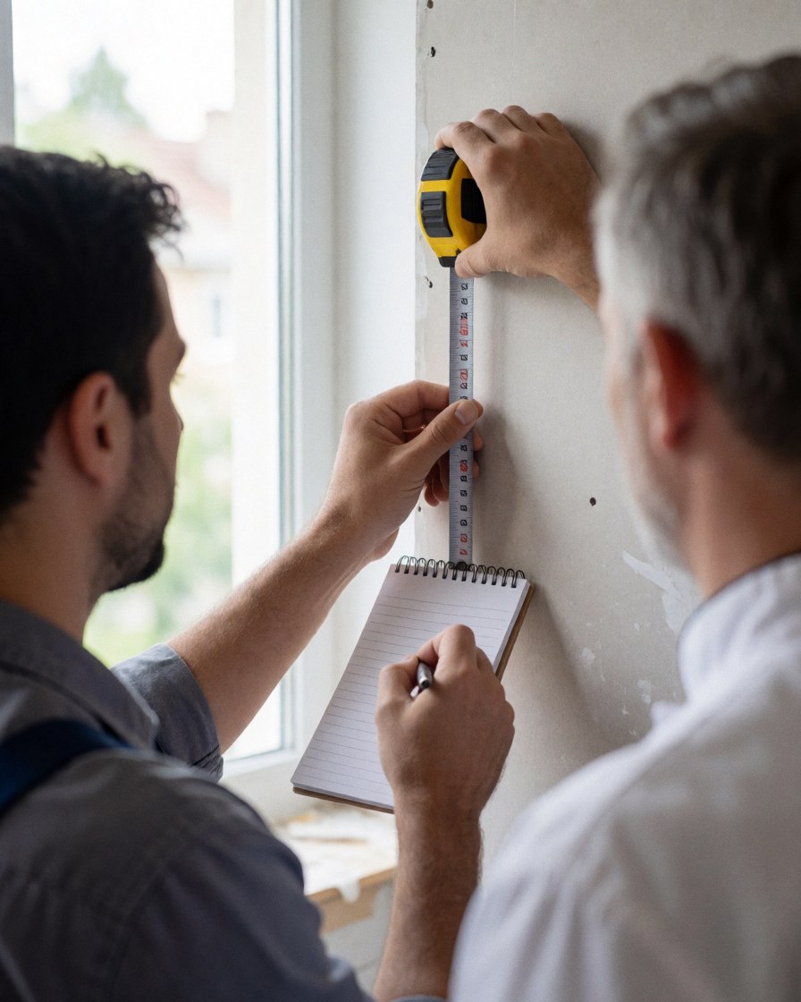 Un installateur de cuisine mesure un mur en plâtre avec un mètre ruban et un carnet pendant qu'un client observe, éclairé par la lumière naturelle d'une fenêtre.