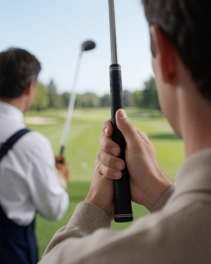 Vue arrière d'une cliente tenant un driver sur un terrain de golf avec un instructeur à ses côtés, en train de frapper la balle, dans un cadre extérieur.