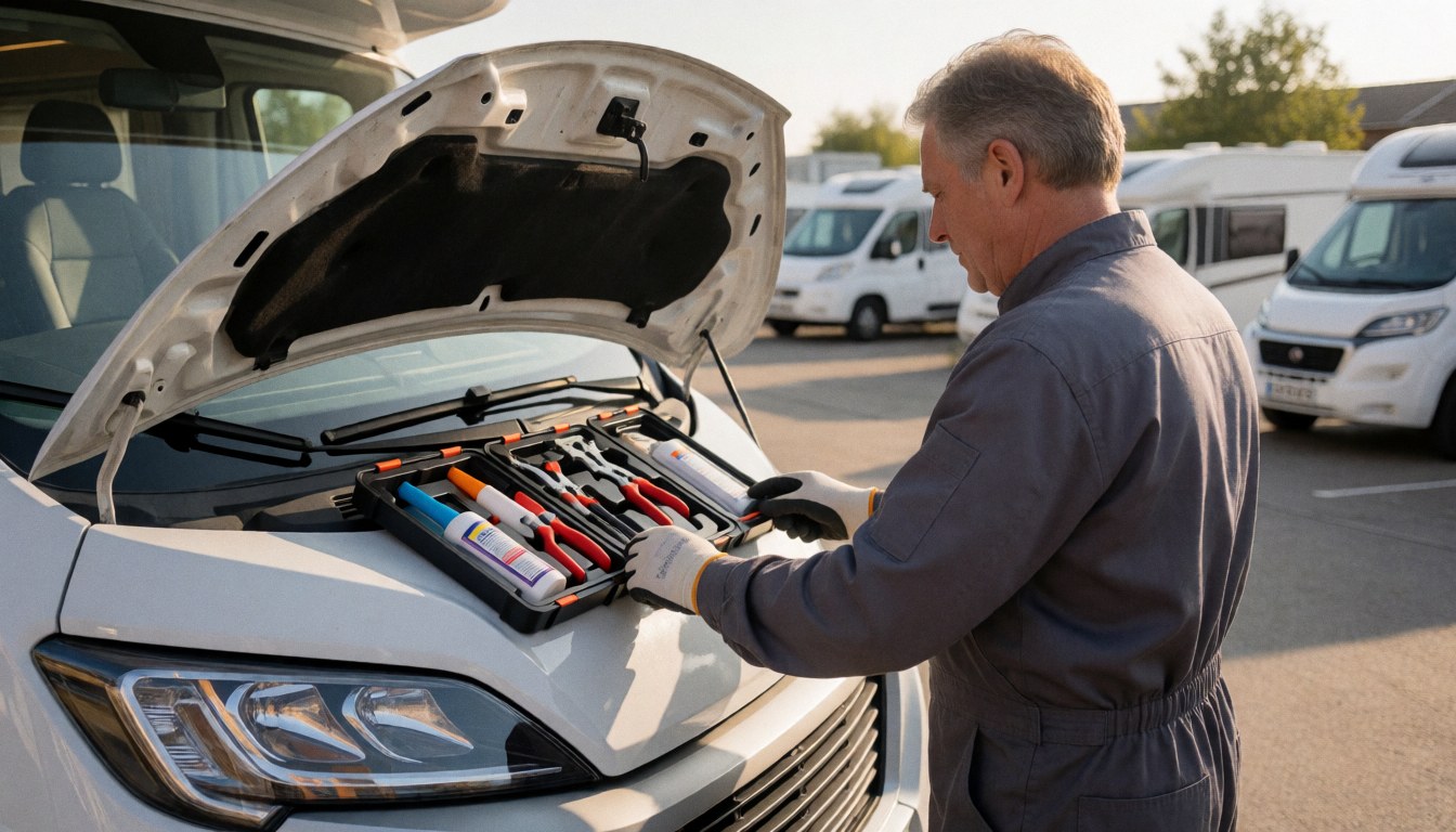 Un technicien en uniforme examine un kit de réparation de fuites posé sur le capot d'un camping-car blanc dans un atelier extérieur.