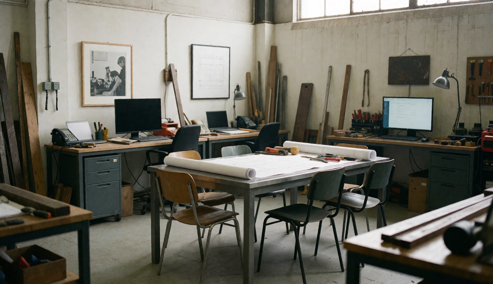 Table à plans équipée de chaises dans un atelier industriel, contenant des plans, des outils et des écrans, idéale pour des consultations techniques.