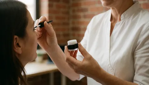 Une esthéticienne applique du gel sur les cils d'une cliente dans un salon avec un fond en briques et une lumière chaleureuse.