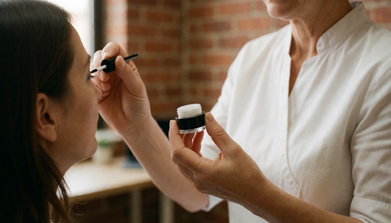 Une esthéticienne applique du gel sur les cils d'une cliente dans un salon avec un fond en briques et une lumière chaleureuse.