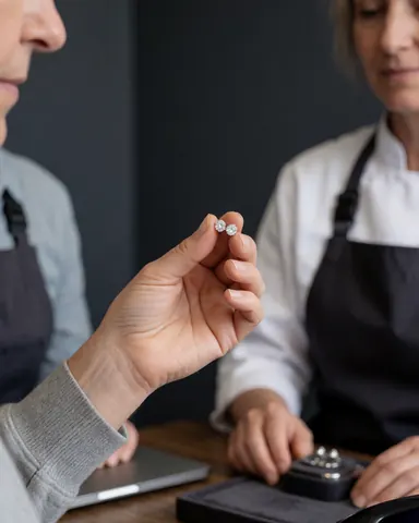 Une cliente examine des boucles d'oreilles en diamant dans un magasin de bijoux avec une professionnelle, des murs gris et une lumière naturelle.