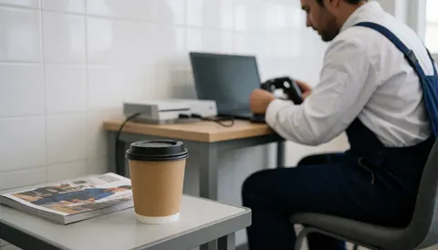 Tasse de café et magazine posés sur une table dans un atelier de réparation de consoles, avec une console visible en arrière-plan sur un mur de carreaux blancs.