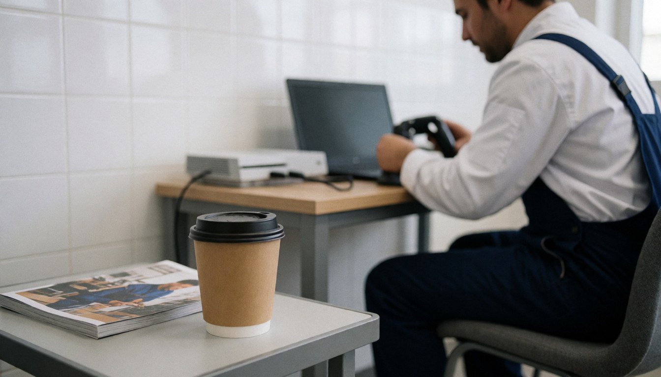 Tasse de café et magazine posés sur une table dans un atelier de réparation de consoles, avec une console visible en arrière-plan sur un mur de carreaux blancs.