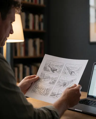 Une cliente consulte des plans aériens sur son ordinateur portable dans un bureau éclairé par une lumière chaude.