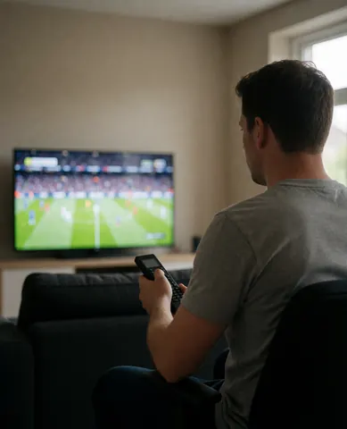 Un homme assis dans un salon regarde un match de football sur un téléviseur avec une image nette, dans un cadre confortable et relaxant.