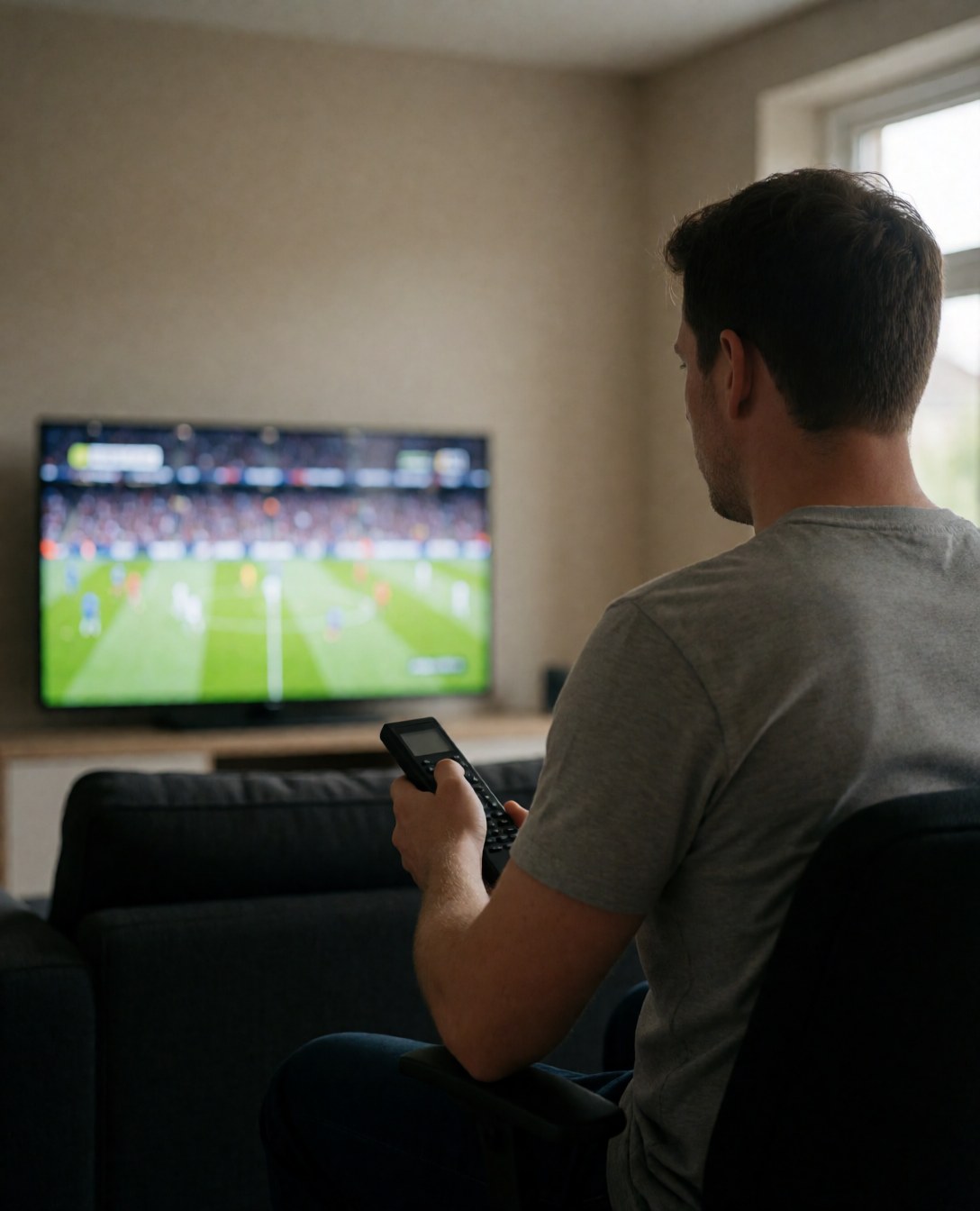 Un homme assis dans un salon regarde un match de football sur un téléviseur avec une image nette, dans un cadre confortable et relaxant.
