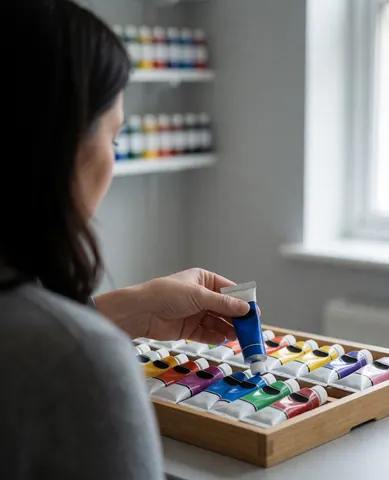 Une femme sélectionne un tube de peinture bleue dans un atelier d'art, avec des étagères de fournitures et de la lumière naturelle par la fenêtre.