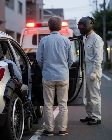Un client en fauteuil roulant est aidé par un dépanneur professionnel dans une rue urbaine au crépuscule, avec le véhicule et les feux rouges visibles.