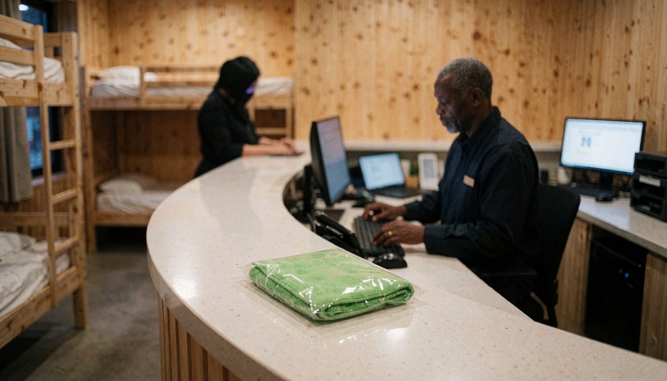 Vue de la réception d'une auberge de jeunesse montrant un employé travaillant sur un ordinateur avec un lit superposé en bois visible sur le comptoir.