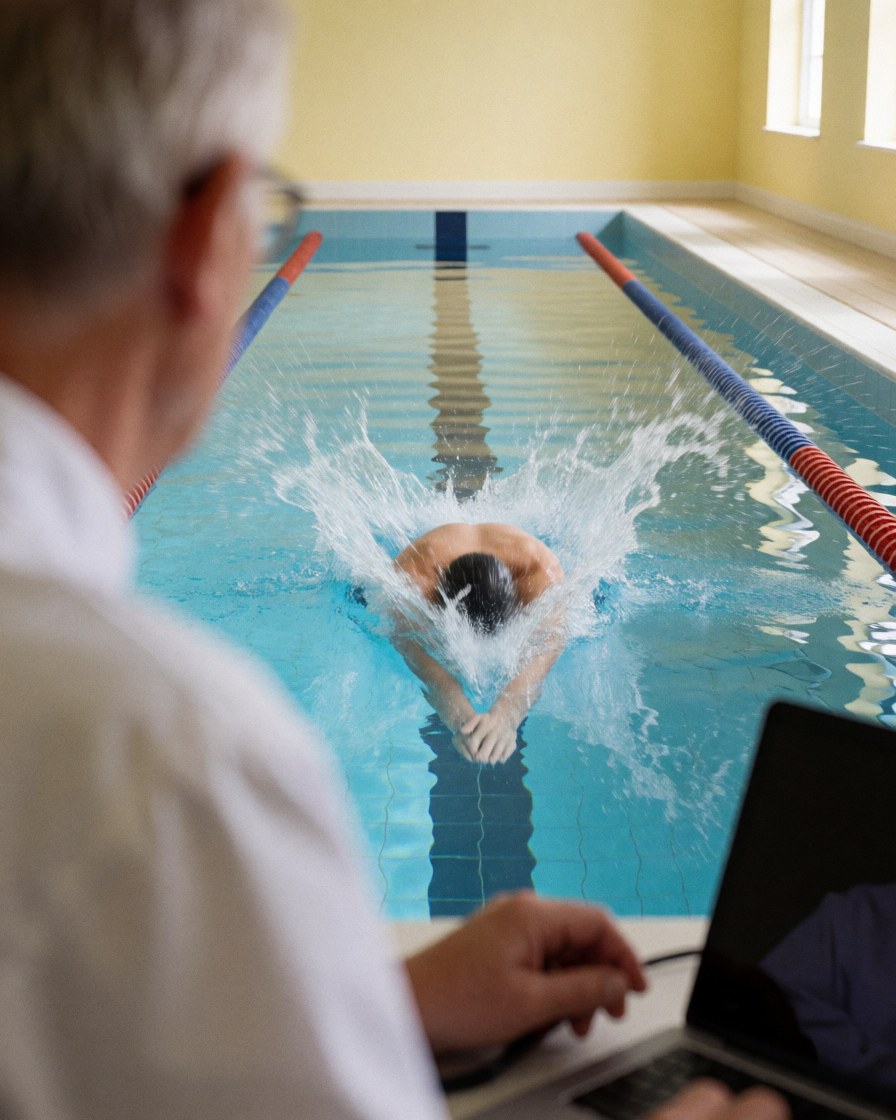 Un entraîneur de natation professionnel observe un nageur en action dans une piscine intérieure avec des lignes de couloir et des éclaboussures à l'entrée.