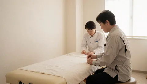 Deux professionnels préparent une table de massage équipée de ventouses dans une salle propre et bien éclairée, prête pour un traitement relaxant.
