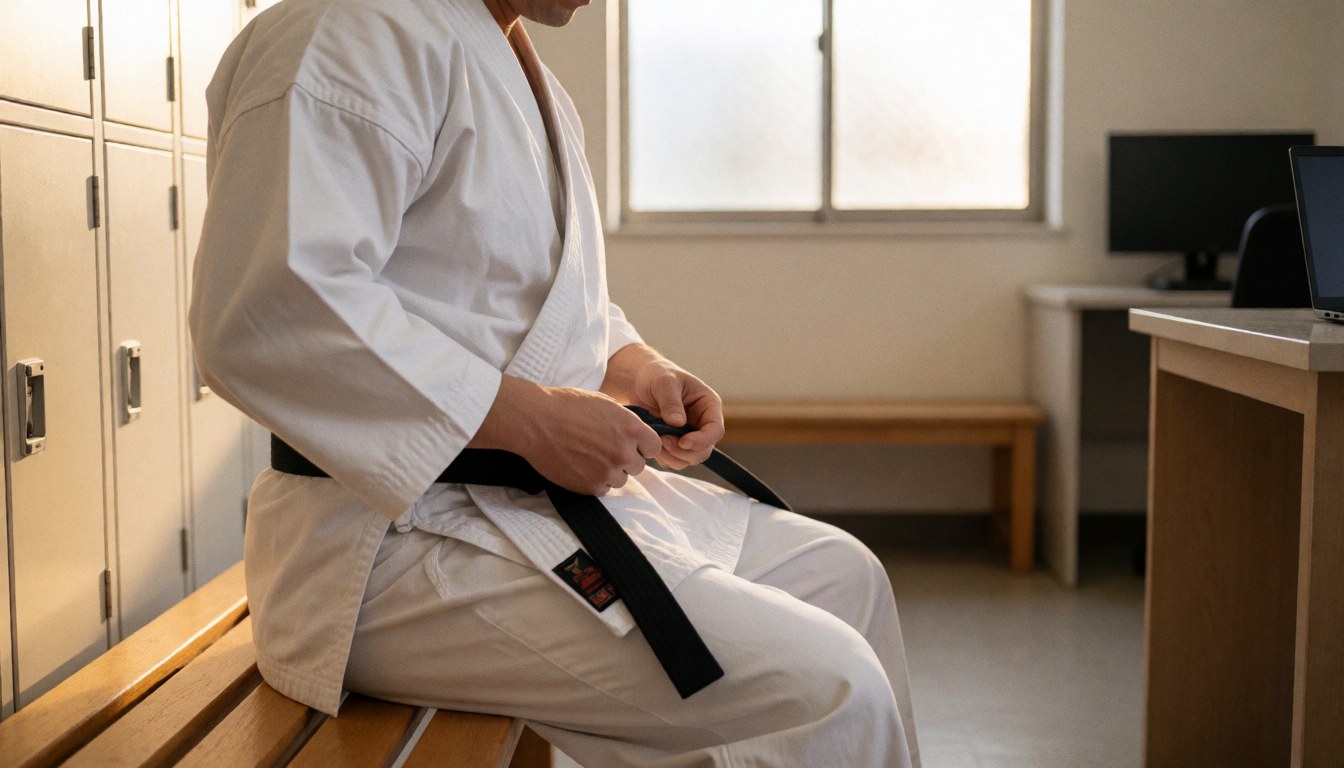 Un pratiquant de karate en gi blanc attache sa ceinture noire dans un vestiaire avec des casiers et une lumière naturelle.
