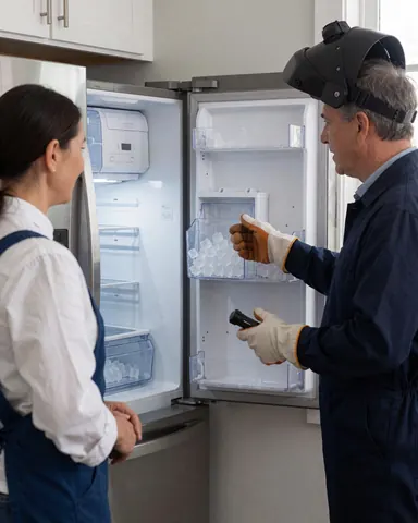 Un technicien en gants explique le fonctionnement du bac à glaçons à un client dans une cuisine moderne avec un réfrigérateur ouvert.