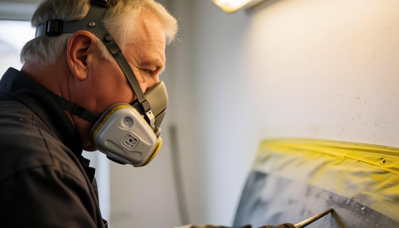 Peintre professionnel portant un respirateur, travaillant sur un panneau de carrosserie avec une bâche jaune de protection, un mur blanc et une lumière chaude dans un atelier.