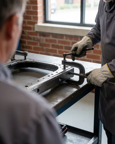 Technicien portant des gants ajuste un serre-joint en C sur une structure métallique de carrosserie dans un atelier industriel aux murs de briques rouges.