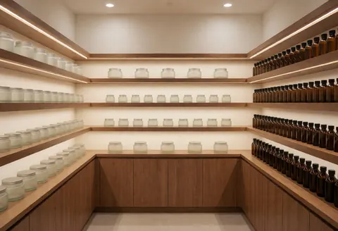 Espace de stockage propre et moderne avec étagères en bois et pots de produits de soin pour le visage, adapté à un spa ou un centre de beauté.