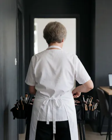 Vue de dos d'une maquilleuse professionnelle rangeant son kit de maquillage portable et ses pinceaux dans un couloir aux murs gris.