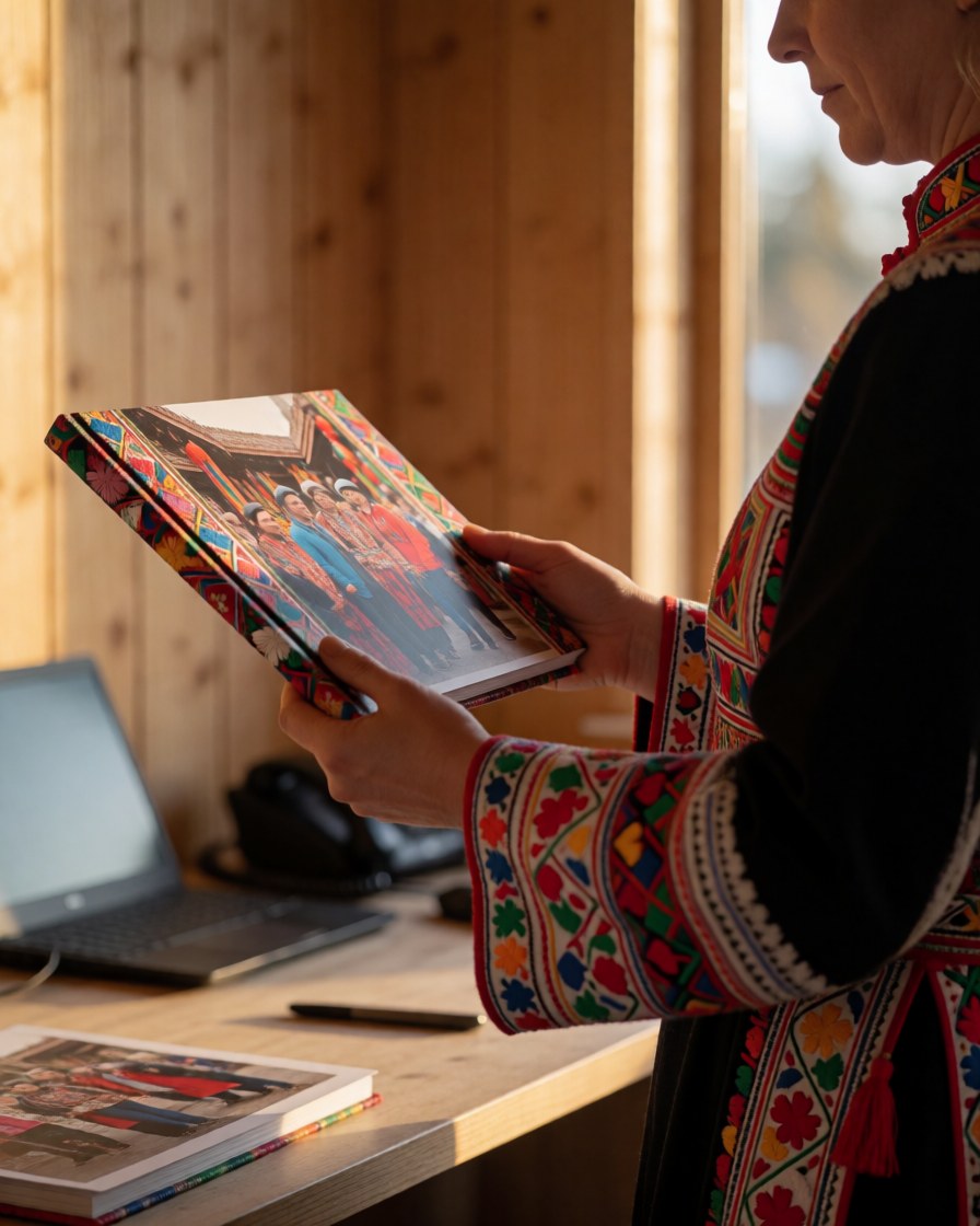 Une personne vêtue d'une tenue traditionnelle examine un album photo dans un bureau aux murs clairs et à la lumière naturelle.