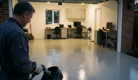 Sol en béton poli dans un garage spacieux, éclairage chaleureux et outils visibles indiquant des travaux en cours.