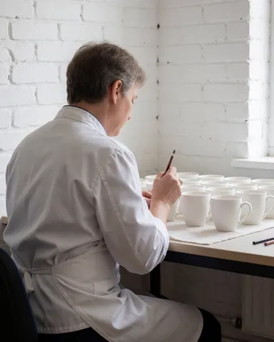 Une personne adulte peint des tasses blanches dans un atelier d'artisanat avec un mur de briques blanches et une lumière naturelle.