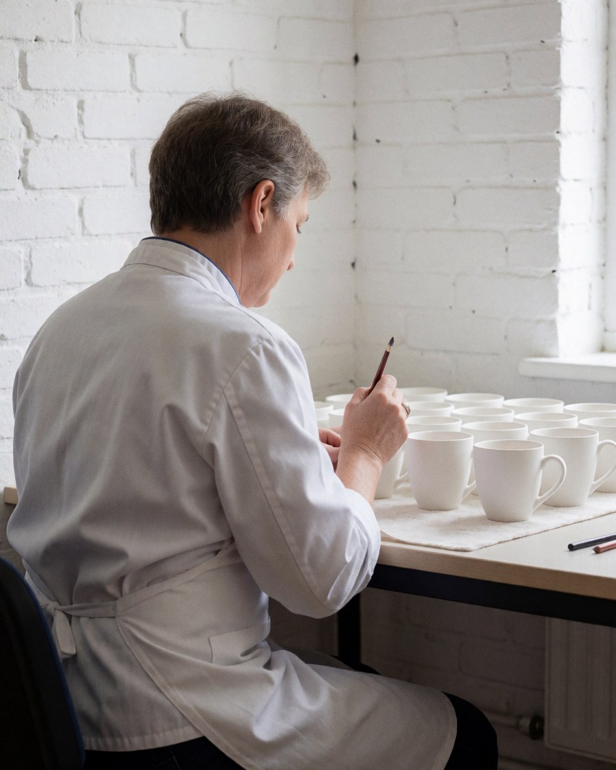 Une personne adulte peint des tasses blanches dans un atelier d'artisanat avec un mur de briques blanches et une lumière naturelle.