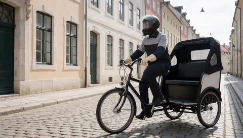 Un conducteur de taxi vélo portant un casque circule sur une rue pavée bordée de bâtiments historiques, avec un siège vide prêt à accueillir des touristes.