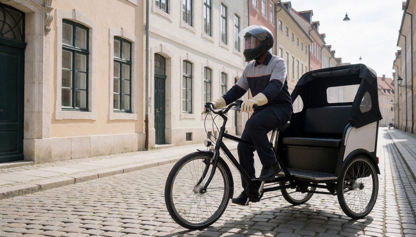 Un conducteur de taxi vélo portant un casque circule sur une rue pavée bordée de bâtiments historiques, avec un siège vide prêt à accueillir des touristes.
