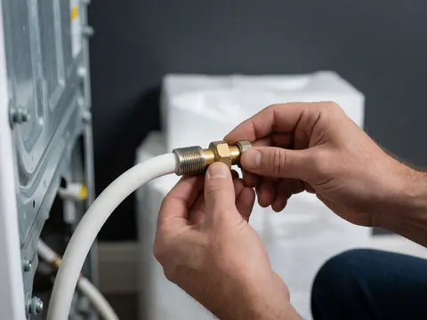 Mains ajustant un robinet en bronze sur un tuyau blanc de vidange connecté à une machine à laver, fond de mur gris anthracite, détail de réparation.
