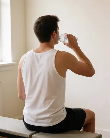 Un jeune homme adulte boit de l'eau d'une bouteille en étant assis sur un banc dans une salle de sport aux murs blancs, dans un environnement calme et naturel.